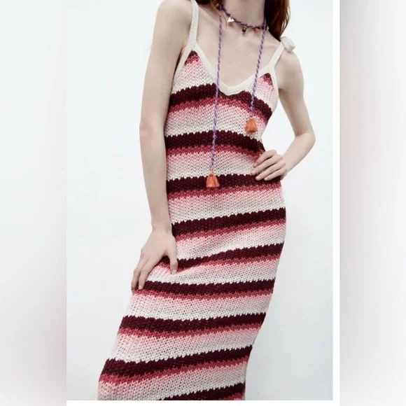 ZARA Red Pink And Cream Striped Crochet Dress Limited Edition, Size M - Picture 3 of 11
